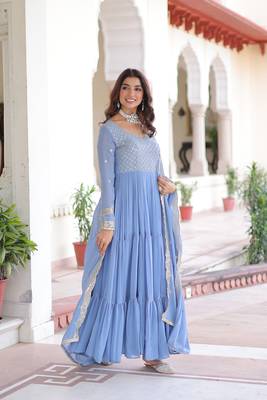 Sky Faux Georgette sequins Zari embroidered Kurti with dupatta 5