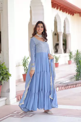 Sky Faux Georgette sequins Zari embroidered Kurti with dupatta