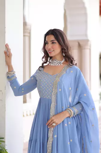 Sky Faux Georgette sequins Zari embroidered Kurti with dupatta