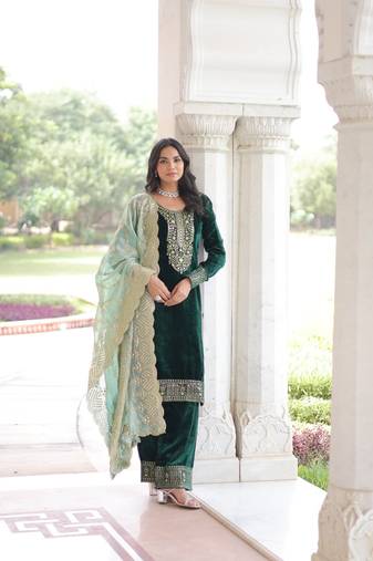 Green Embroidered velvet salwar suit with dupatta