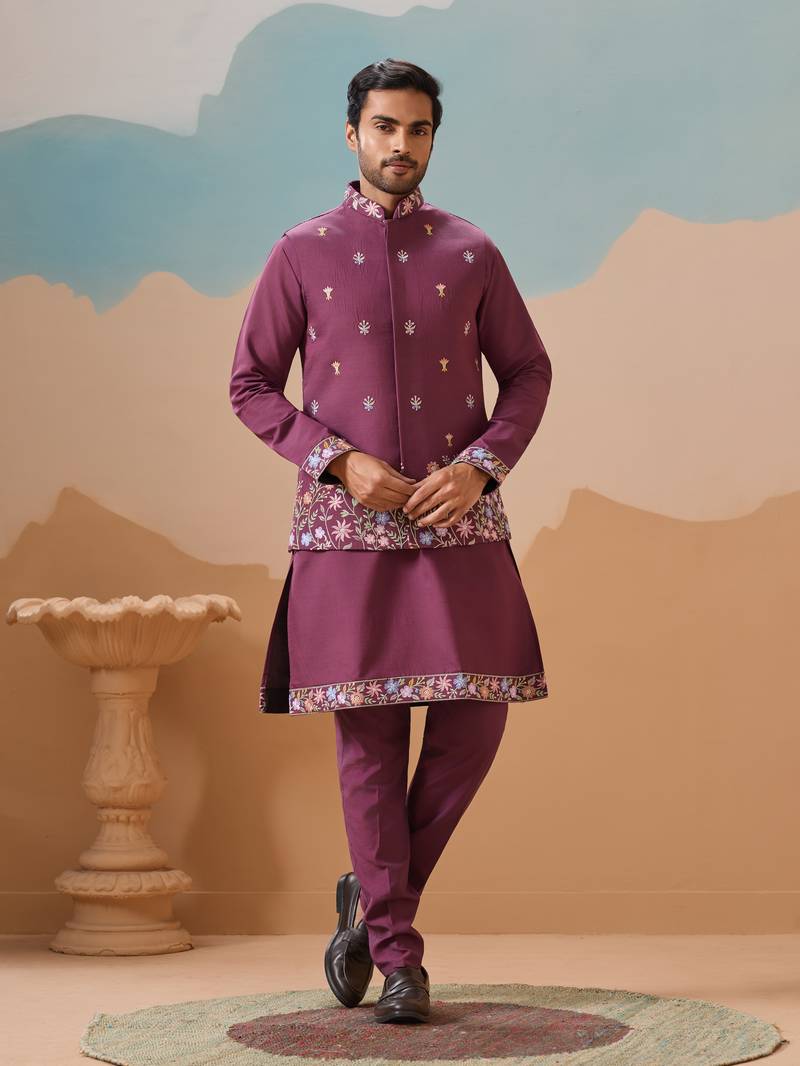 Purple viscose silk thread with sequins embroidered work wedding festival party wear straight kurta with jacket
