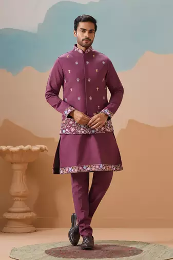 Purple viscose silk thread with sequins embroidered work wedding festival party wear straight kurta with jacket