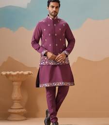 PURPLE VISCOSE SILK THREAD WITH SEQUINS EMBROIDERED WORK WEDDING FESTIVAL PARTY WEAR STRAIGHT KURTA WITH JACKET