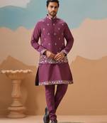 Purple viscose silk thread with sequins embroidered work wedding festival party wear straight kurta with jacket