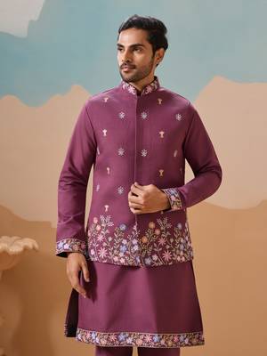 PURPLE VISCOSE SILK THREAD WITH SEQUINS EMBROIDERED WORK WEDDING FESTIVAL PARTY WEAR STRAIGHT KURTA WITH JACKET 3