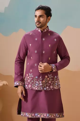 PURPLE VISCOSE SILK THREAD WITH SEQUINS EMBROIDERED WORK WEDDING FESTIVAL PARTY WEAR STRAIGHT KURTA WITH JACKET