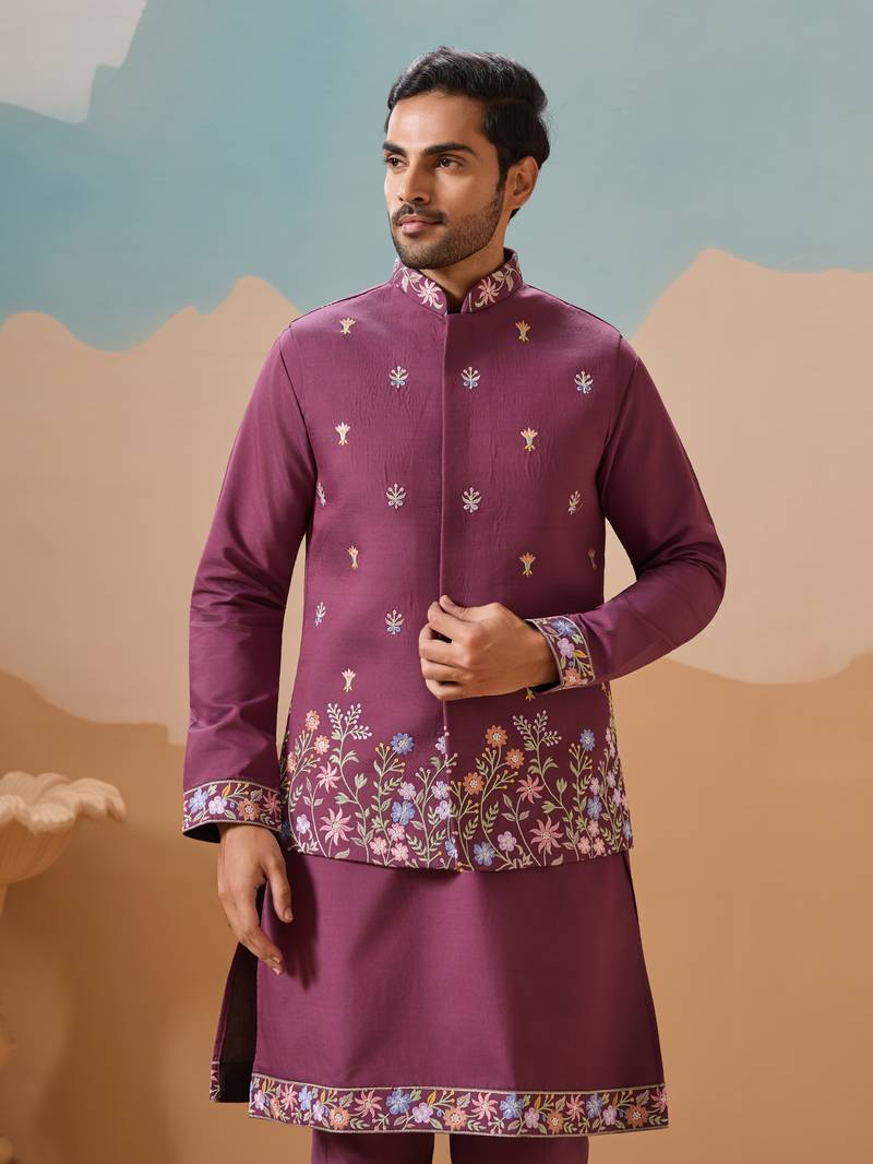 Purple viscose silk thread with sequins embroidered work wedding festival party wear straight kurta with jacket
