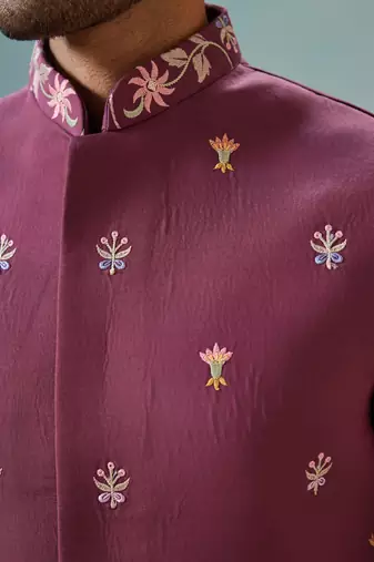 PURPLE VISCOSE SILK THREAD WITH SEQUINS EMBROIDERED WORK WEDDING FESTIVAL PARTY WEAR STRAIGHT KURTA WITH JACKET