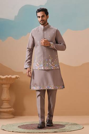 Grey viscose silk thread with sequins embroidered work wedding festival party wear straight kurta with jacket