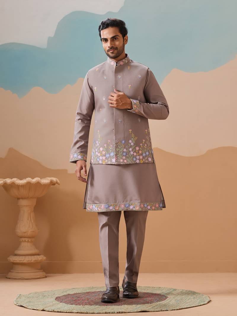 Grey viscose silk thread with sequins embroidered work wedding festival party wear straight kurta with jacket