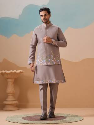 GREY VISCOSE SILK THREAD WITH SEQUINS EMBROIDERED WORK WEDDING FESTIVAL PARTY WEAR STRAIGHT KURTA WITH JACKET 1