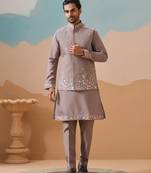 Grey viscose silk thread with sequins embroidered work wedding festival party wear straight kurta with jacket