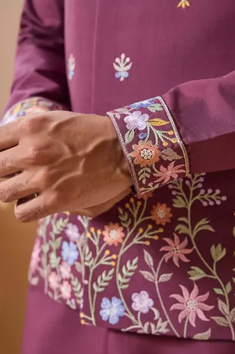 PURPLE VISCOSE SILK THREAD WITH SEQUINS EMBROIDERED WORK WEDDING FESTIVAL PARTY WEAR STRAIGHT KURTA WITH JACKET