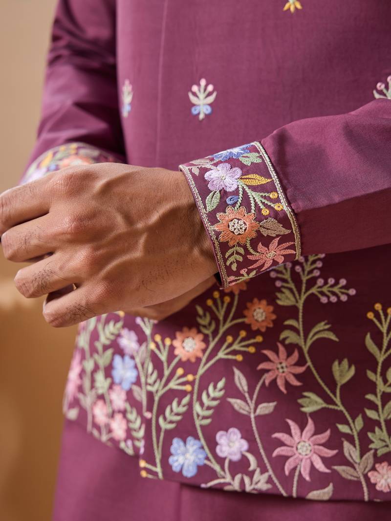 Purple viscose silk thread with sequins embroidered work wedding festival party wear straight kurta with jacket