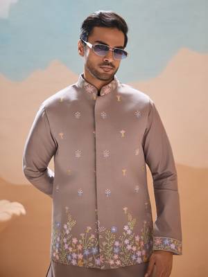 GREY VISCOSE SILK THREAD WITH SEQUINS EMBROIDERED WORK WEDDING FESTIVAL PARTY WEAR STRAIGHT KURTA WITH JACKET 3