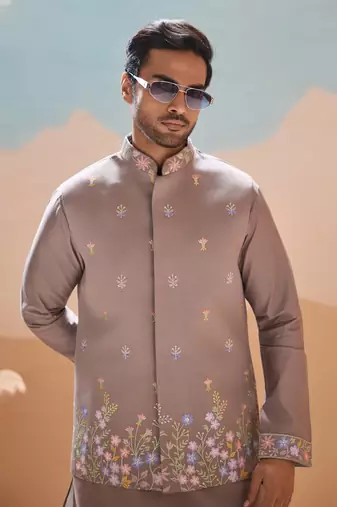 GREY VISCOSE SILK THREAD WITH SEQUINS EMBROIDERED WORK WEDDING FESTIVAL PARTY WEAR STRAIGHT KURTA WITH JACKET