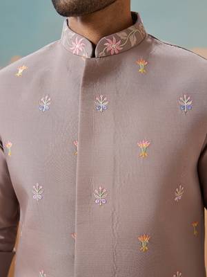 GREY VISCOSE SILK THREAD WITH SEQUINS EMBROIDERED WORK WEDDING FESTIVAL PARTY WEAR STRAIGHT KURTA WITH JACKET 4