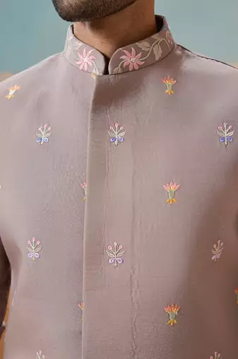 GREY VISCOSE SILK THREAD WITH SEQUINS EMBROIDERED WORK WEDDING FESTIVAL PARTY WEAR STRAIGHT KURTA WITH JACKET