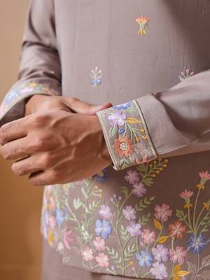 GREY VISCOSE SILK THREAD WITH SEQUINS EMBROIDERED WORK WEDDING FESTIVAL PARTY WEAR STRAIGHT KURTA WITH JACKET 5