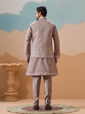 GREY VISCOSE SILK THREAD WITH SEQUINS EMBROIDERED WORK WEDDING FESTIVAL PARTY WEAR STRAIGHT KURTA WITH JACKET 6