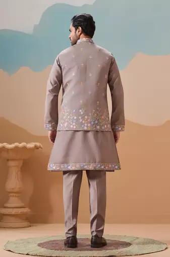 GREY VISCOSE SILK THREAD WITH SEQUINS EMBROIDERED WORK WEDDING FESTIVAL PARTY WEAR STRAIGHT KURTA WITH JACKET