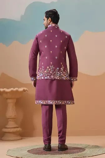 PURPLE VISCOSE SILK THREAD WITH SEQUINS EMBROIDERED WORK WEDDING FESTIVAL PARTY WEAR STRAIGHT KURTA WITH JACKET