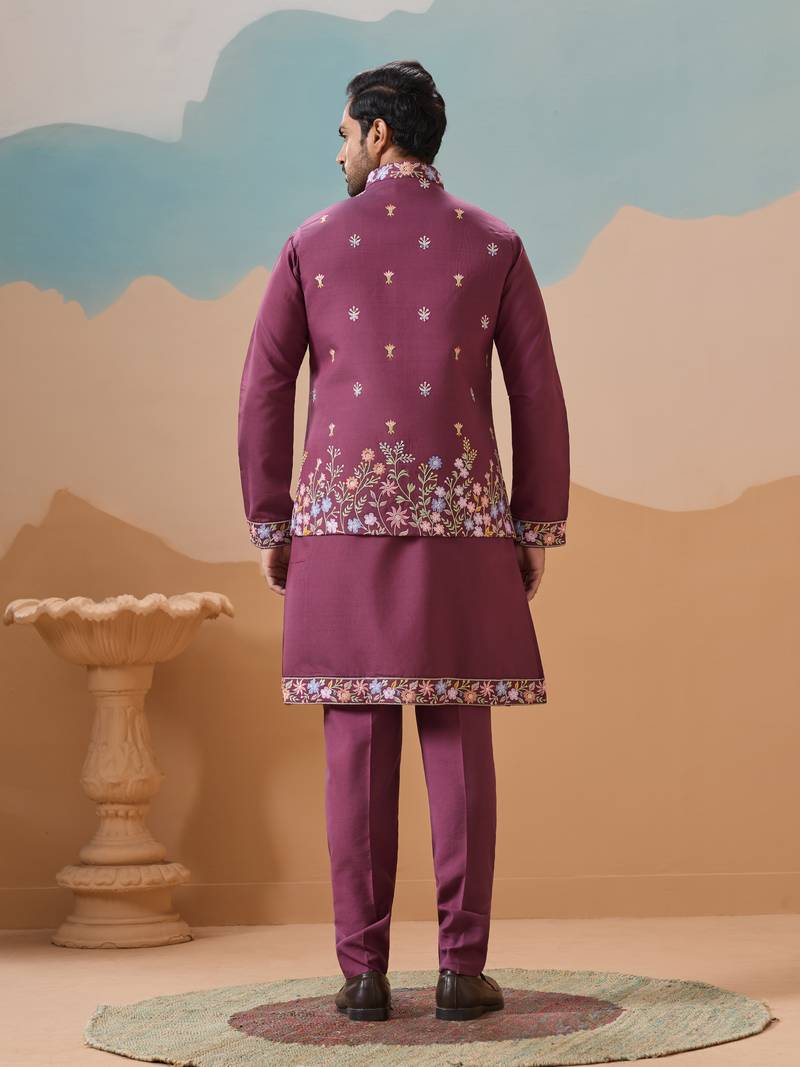 Purple viscose silk thread with sequins embroidered work wedding festival party wear straight kurta with jacket