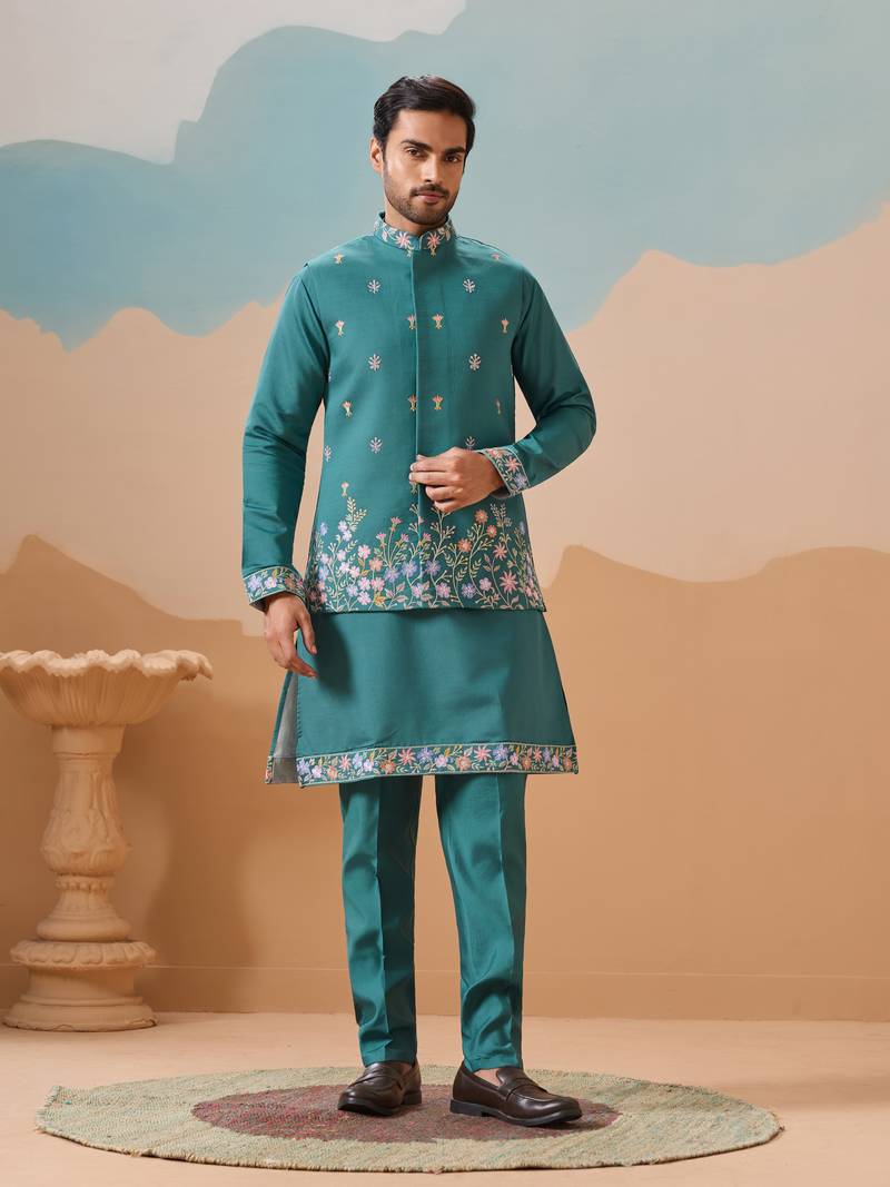 Turquoise viscose silk thread with sequins embroidered work wedding festival party wear straight kurta with jacket