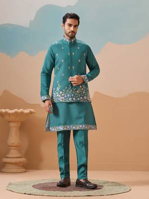 TURQUOISE VISCOSE SILK THREAD WITH SEQUINS EMBROIDERED WORK WEDDING FESTIVAL PARTY WEAR STRAIGHT KURTA WITH JACKET 1