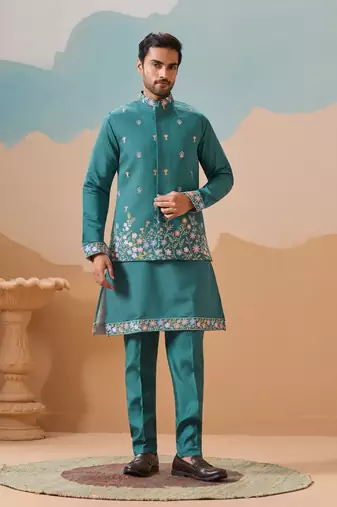 Turquoise viscose silk thread with sequins embroidered work wedding festival party wear straight kurta with jacket