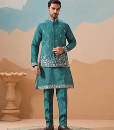 TURQUOISE VISCOSE SILK THREAD WITH SEQUINS EMBROIDERED WORK WEDDING FESTIVAL PARTY WEAR STRAIGHT KURTA WITH JACKET