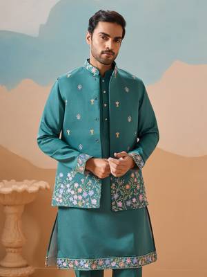 TURQUOISE VISCOSE SILK THREAD WITH SEQUINS EMBROIDERED WORK WEDDING FESTIVAL PARTY WEAR STRAIGHT KURTA WITH JACKET 3