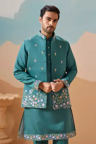 TURQUOISE VISCOSE SILK THREAD WITH SEQUINS EMBROIDERED WORK WEDDING FESTIVAL PARTY WEAR STRAIGHT KURTA WITH JACKET