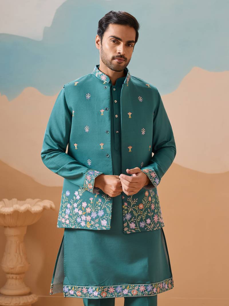 Turquoise viscose silk thread with sequins embroidered work wedding festival party wear straight kurta with jacket