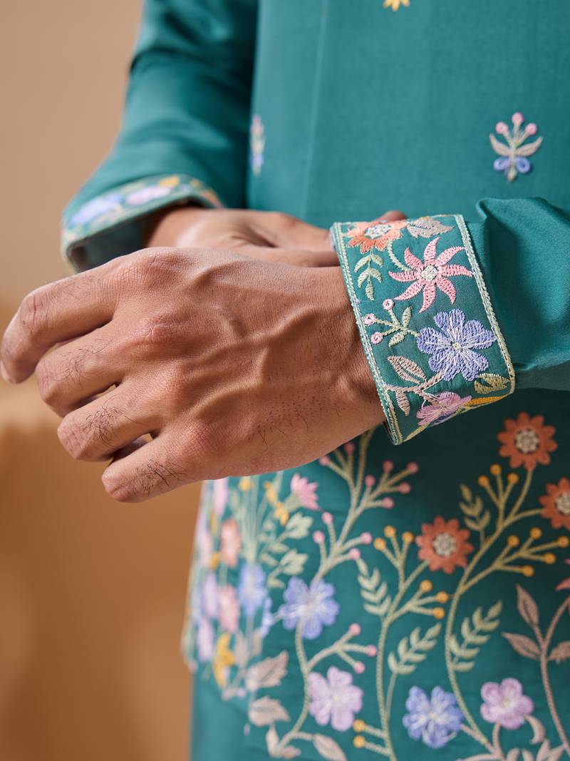 Turquoise viscose silk thread with sequins embroidered work wedding festival party wear straight kurta with jacket