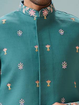 TURQUOISE VISCOSE SILK THREAD WITH SEQUINS EMBROIDERED WORK WEDDING FESTIVAL PARTY WEAR STRAIGHT KURTA WITH JACKET 5