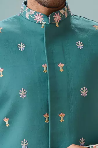 TURQUOISE VISCOSE SILK THREAD WITH SEQUINS EMBROIDERED WORK WEDDING FESTIVAL PARTY WEAR STRAIGHT KURTA WITH JACKET
