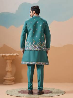 TURQUOISE VISCOSE SILK THREAD WITH SEQUINS EMBROIDERED WORK WEDDING FESTIVAL PARTY WEAR STRAIGHT KURTA WITH JACKET 6
