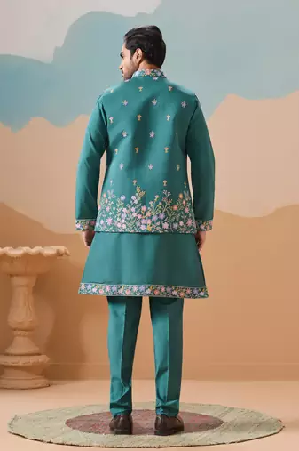 TURQUOISE VISCOSE SILK THREAD WITH SEQUINS EMBROIDERED WORK WEDDING FESTIVAL PARTY WEAR STRAIGHT KURTA WITH JACKET