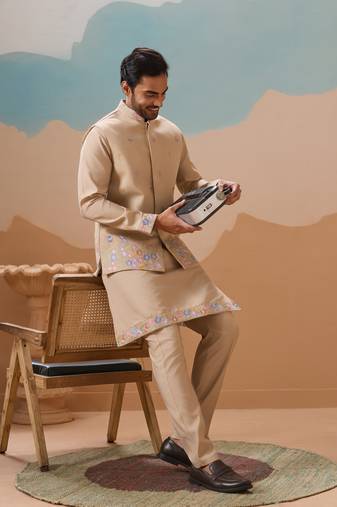 Beige viscose silk thread with sequins embroidered work wedding festival party wear straight kurta with jacket