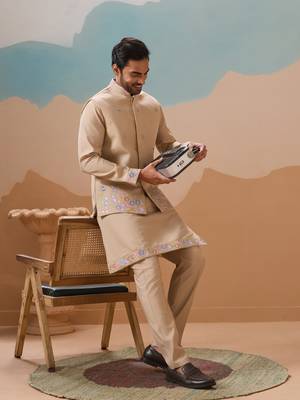 BEIGE VISCOSE SILK THREAD WITH SEQUINS EMBROIDERED WORK WEDDING FESTIVAL PARTY WEAR STRAIGHT KURTA WITH JACKET 1