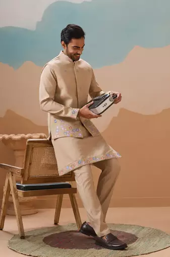 Beige viscose silk thread with sequins embroidered work wedding festival party wear straight kurta with jacket