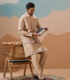 BEIGE VISCOSE SILK THREAD WITH SEQUINS EMBROIDERED WORK WEDDING FESTIVAL PARTY WEAR STRAIGHT KURTA WITH JACKET