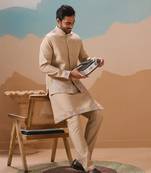 Beige viscose silk thread with sequins embroidered work wedding festival party wear straight kurta with jacket