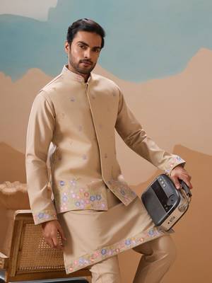 BEIGE VISCOSE SILK THREAD WITH SEQUINS EMBROIDERED WORK WEDDING FESTIVAL PARTY WEAR STRAIGHT KURTA WITH JACKET 3