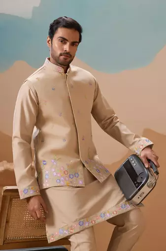 BEIGE VISCOSE SILK THREAD WITH SEQUINS EMBROIDERED WORK WEDDING FESTIVAL PARTY WEAR STRAIGHT KURTA WITH JACKET