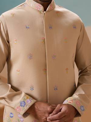 BEIGE VISCOSE SILK THREAD WITH SEQUINS EMBROIDERED WORK WEDDING FESTIVAL PARTY WEAR STRAIGHT KURTA WITH JACKET 4