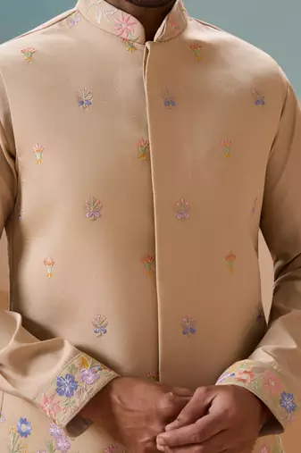 BEIGE VISCOSE SILK THREAD WITH SEQUINS EMBROIDERED WORK WEDDING FESTIVAL PARTY WEAR STRAIGHT KURTA WITH JACKET