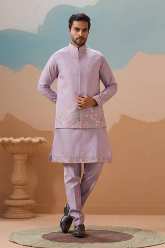 Lavender viscose silk thread with sequins embroidered work wedding festival party wear straight kurta with jacket
