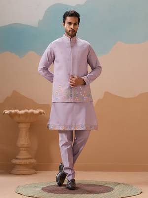 LAVENDER VISCOSE SILK THREAD WITH SEQUINS EMBROIDERED WORK WEDDING FESTIVAL PARTY WEAR STRAIGHT KURTA WITH JACKET 1